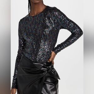 Free People Intimately Black Mesh Sequin Stretchy Long Sleeve Top Size Large